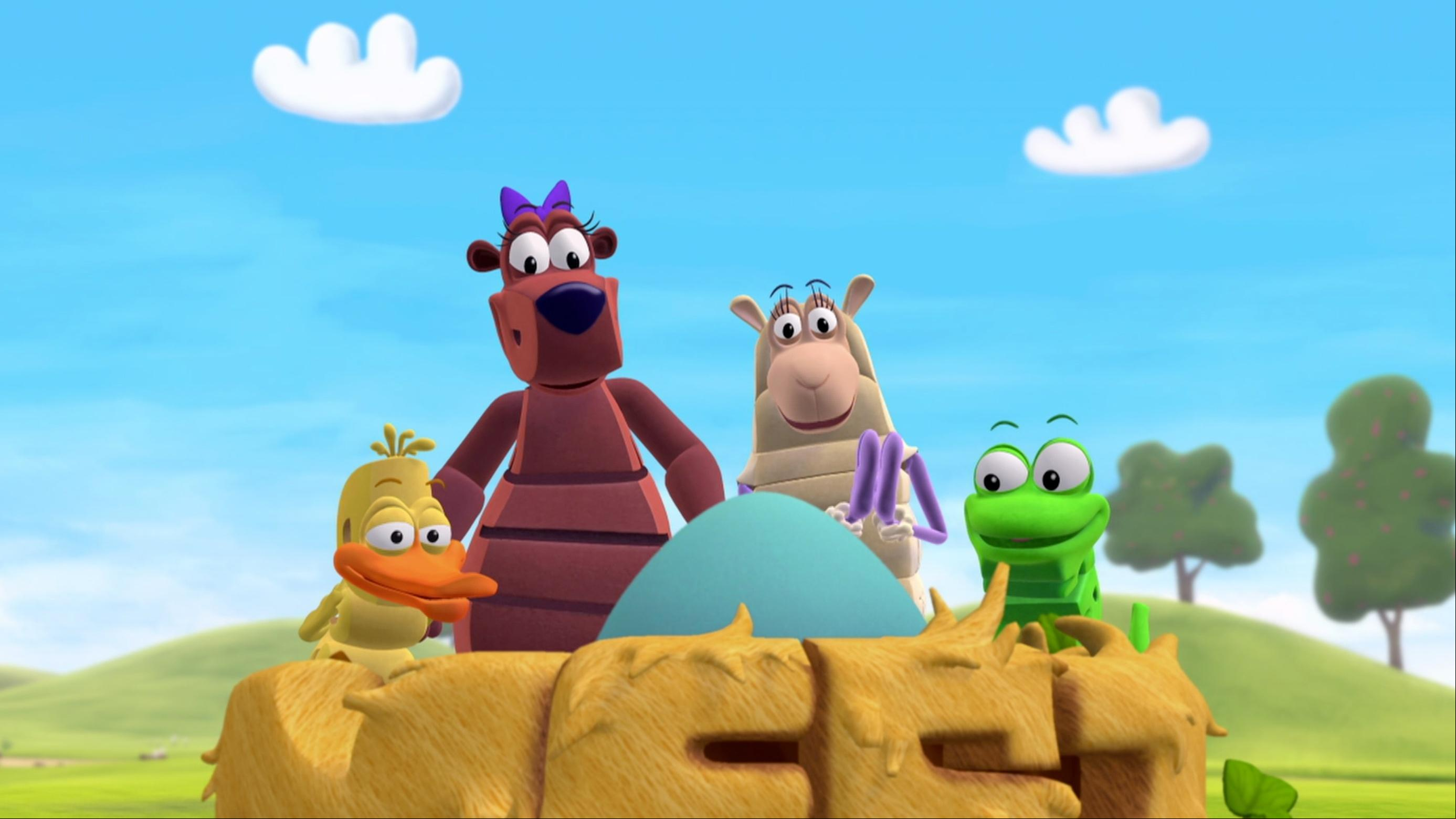 From looks for big letters to build his rocket. / Sheep, Bear and Frog find an egg!